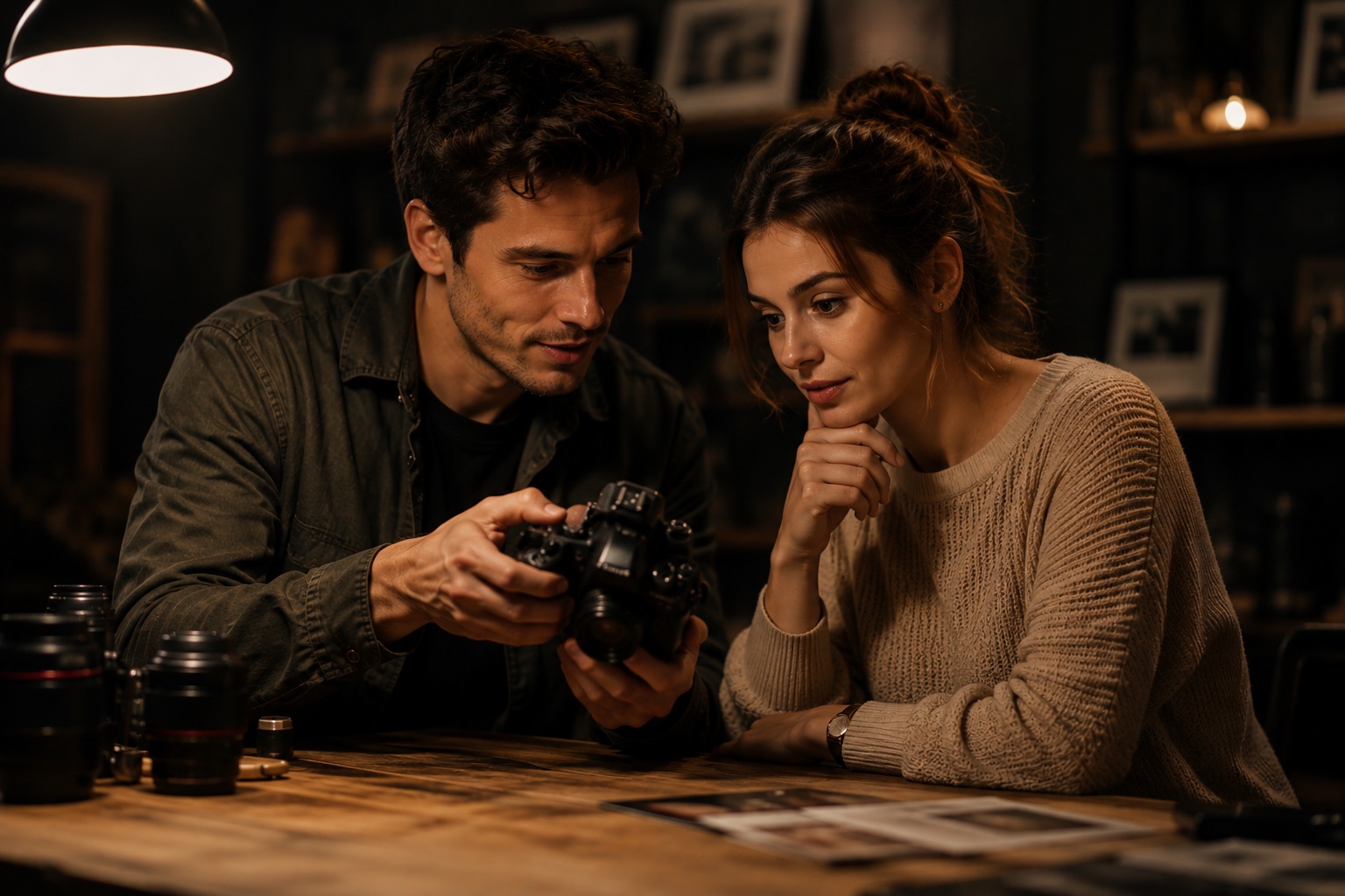 Deux passionnés découvrant ensemble un appareil photo