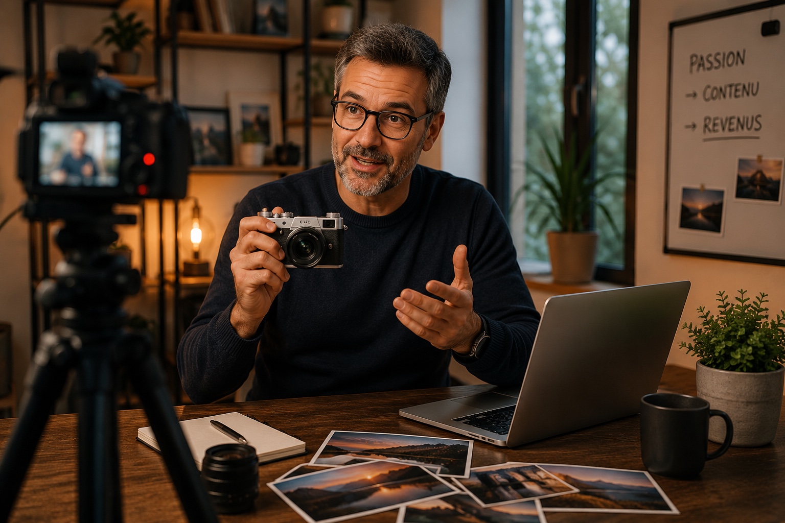 Créateur présentant un appareil photo compact dans un studio